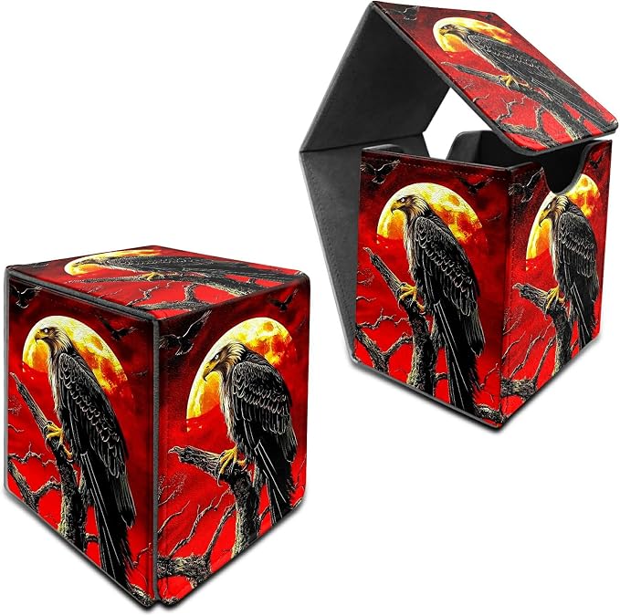 Deck Box for MTG, Cards Storage Box Fits 120+ Sleeved, Leather Medium Size Strong Magnetic Closing Card Case for Board Games Magic TCG CCG Baseball Collection, Red Sky Eagle