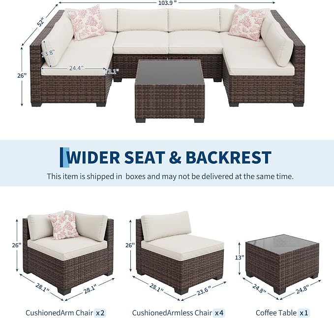 7-Piece Brown+Beige Patio Rattan Sectional Sofa Set with Coffee Table