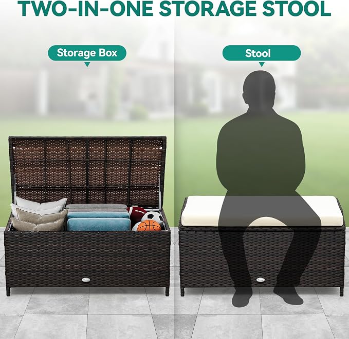 YITAHOME Outdoor Wicker Storage Bench Deck Box, Large PE Rattan Patio Storage Bench w/Covenient Handles and Soft Cushion for Patio, Yard, Lawn, Garden