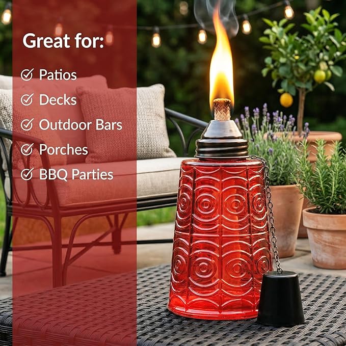 Seraphic Citronella Table Top Torches for Outdoor Patio, 16oz Decorative Glass Torch Citronella Candles for Outside Deck, Garden, Parties, Set of 3, Red