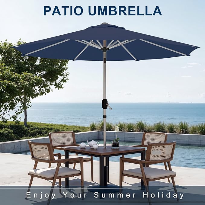 10FT Aluminum Outdoor Patio Umbrella, Fade-Resistant Market Umbrella with Push Button Tilt Function, 8 Sturdy All-Aluminum Ribs for Gardens, Patios, Backyards & Pools
