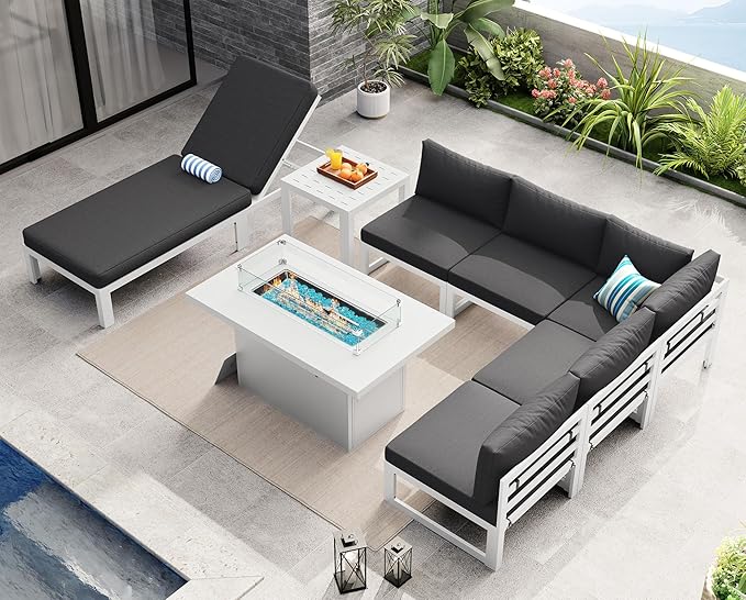 NICESOUL 8 Piece Oversized Modular Aluminum Outdoor Furniture Set with Chaise Lounge, 29" Deep and Wide Sectional Seating, 500 lbs High Weight Capacity Patio Conversation Set for Poolside, Dark Gray