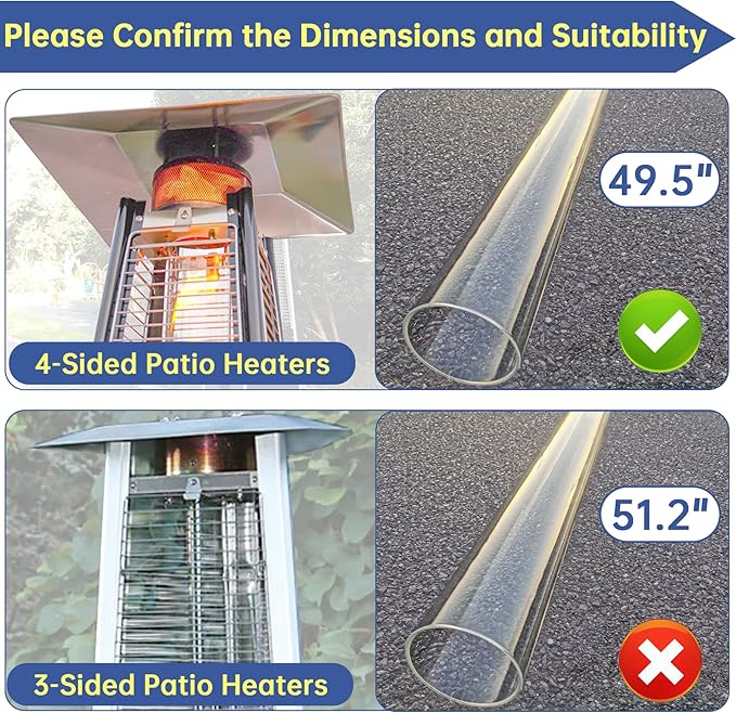 Patio Heater Glass Tube Replacement, 49.5" Tall 4" Diameter, Glass Tube Patio Heater with Ring, Fits 4-Sided Patio Heaters, Compatible with Hiland, Fire Sense, and more