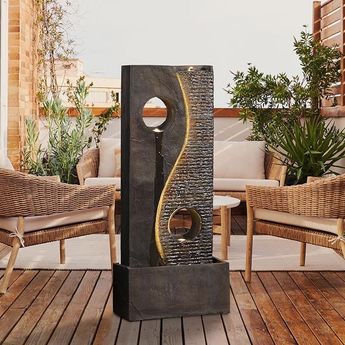 Sunlinua Indoor Water Fountain 47 inches Large Cascading Modern Faux Rust Waterfall Outdoor Fountain Resin Water Feature with LED Lights for Living Room, Garden, Patio, Porch