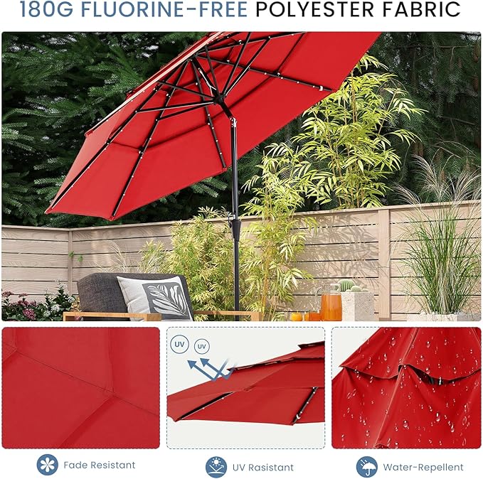 DUMOS LED Outdoor Patio Umbrella 10 FT UV-Resistant Market Umbrella with Tilt Adjustment & Crank Lift, All-Weather Shade for Backyard, Deck, Garden, Beach