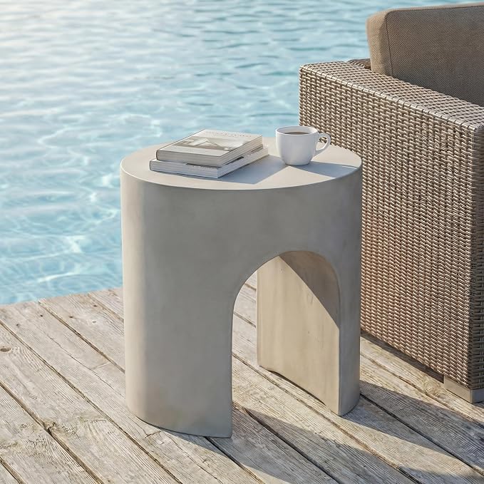 SUNBURY Outdoor Side Table, 16" W Concrete End Table w Arch Shape, Round Cement Accent Table Lightweight for Patio, Modern Decorative Garden Stool for Patio, Backyard, Grey