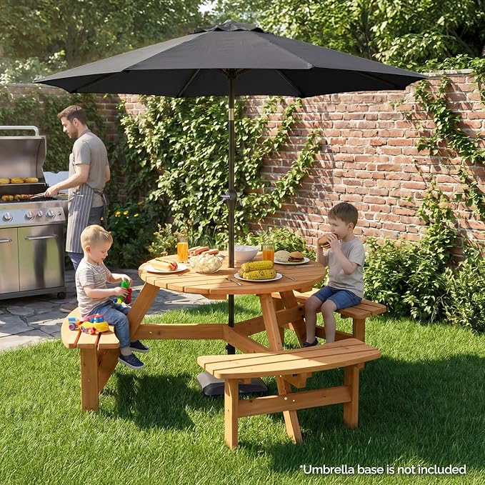 VINGLI Wood Picnic Table Outdoor Round Picnic Table with 7.5ft Umbrella and 4 Built-in Benches, Outdoor Dining Tables and Chairs 550 LBS Bench Capacity (Gray, Round)