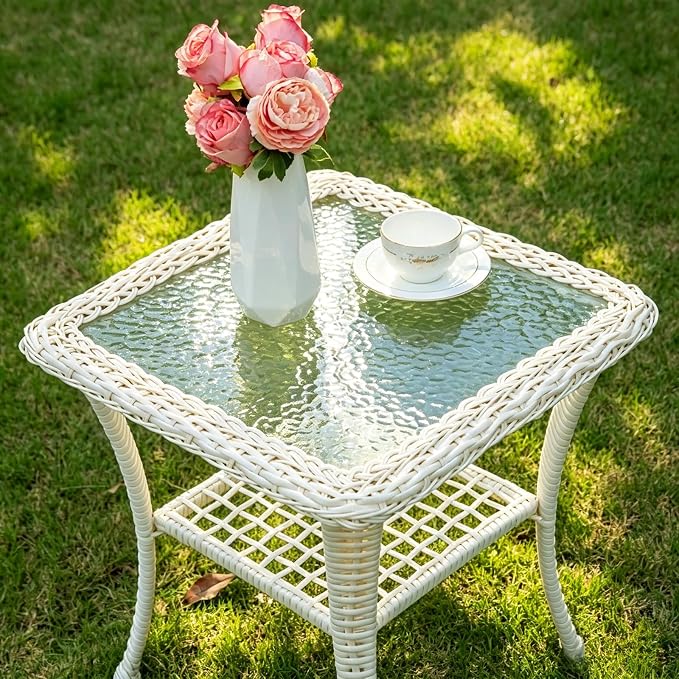 MEETWARM Wicker Outdoor Side Table, All-Weather Patio Rattan Side Table with Tempered Glass Top and Storage Shelf, Small Patio End Table for Outside Indoor Outdoor Balcony Porch Deck, Cream White
