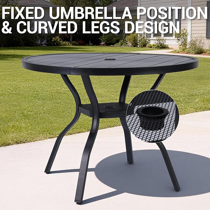 41" Round Outdoor Dining Table for 4 Person, Metal Patio Dining Table with Adjustable Umbrella Hole, Partitioned Storage Shelf for Garden, Backyard and Porch, Black