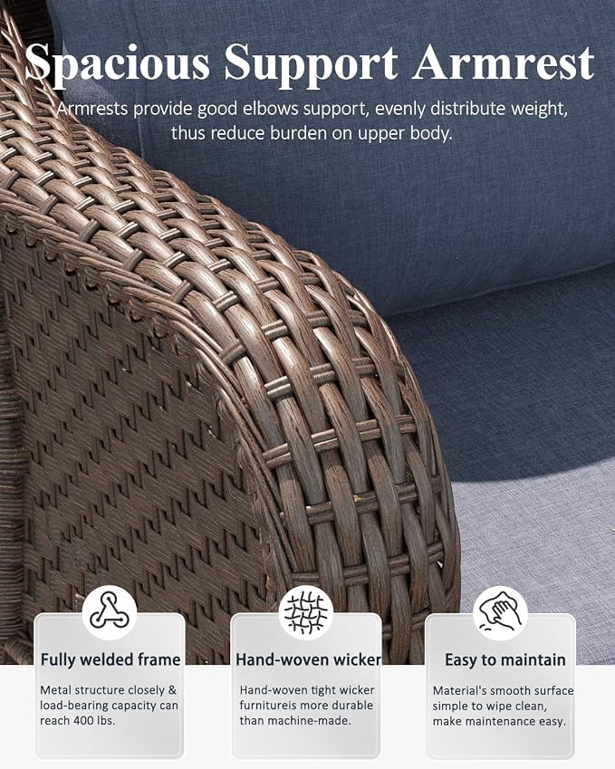 LayinSun 7 Piece Wicker Outdoor Furniture Set with 6-inch Comfy Cushions, High Back Patio Furniture Set with Rattan Armchairs and Fire Pit Table