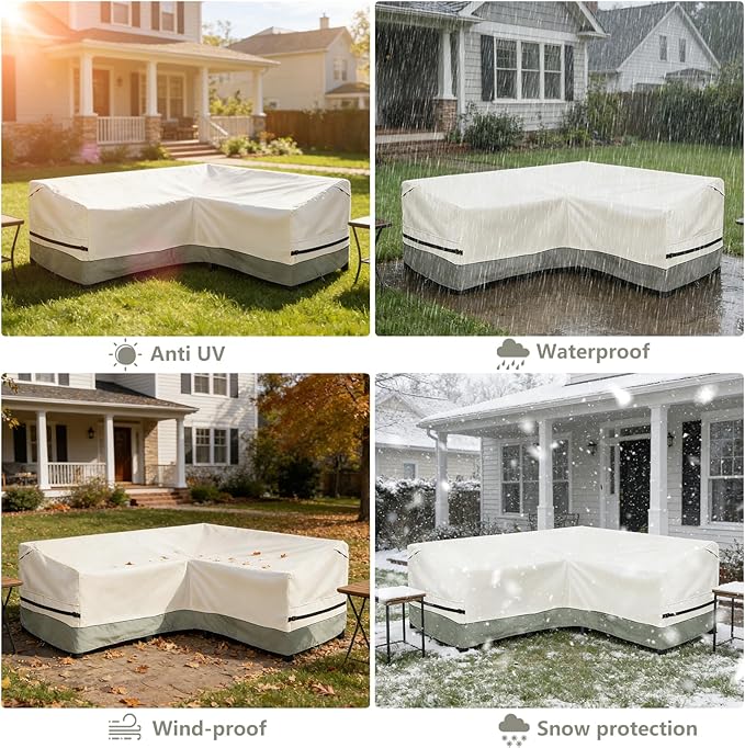 okcool Outdoor Sectional Sofa Cover Waterproof-V-Shaped Patio Furniture Covers for 7-Seater Outdoor Sectional Furniture Couch（105''X105''）,White&Grayish Green