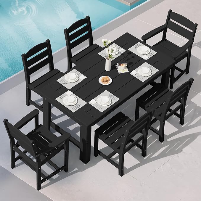 SERWALL HDPE Outdoor Dining Table and Chairs Set for 6 | with Armless Chair Seat