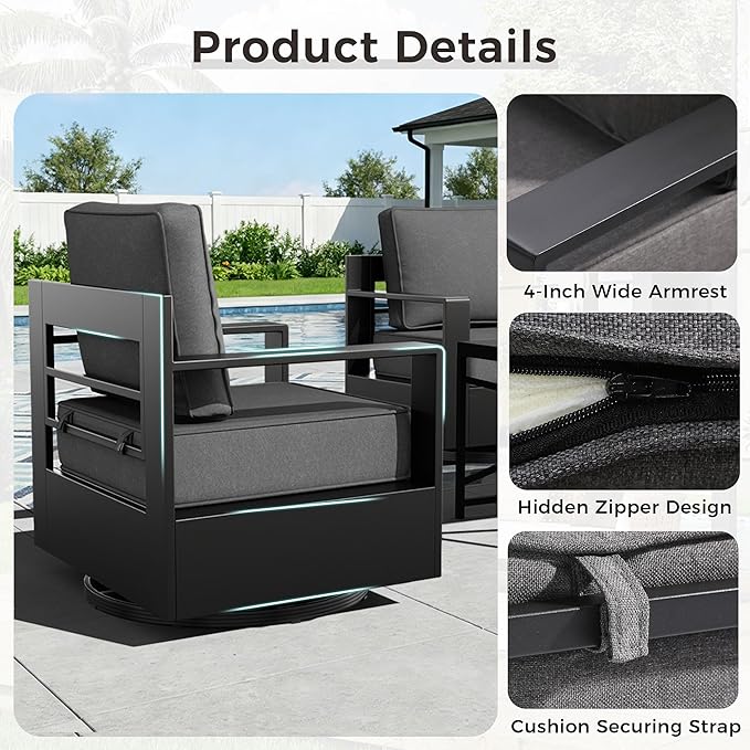 Outdoor Patio Furniture Set, 5-Piece Aluminum Patio Conversation Set All-Weather Metal Outdoor Sectional with 6 Inch Thick Cushions, Deep Setting and Fireplace for Garden, Outside and Porch, Grey