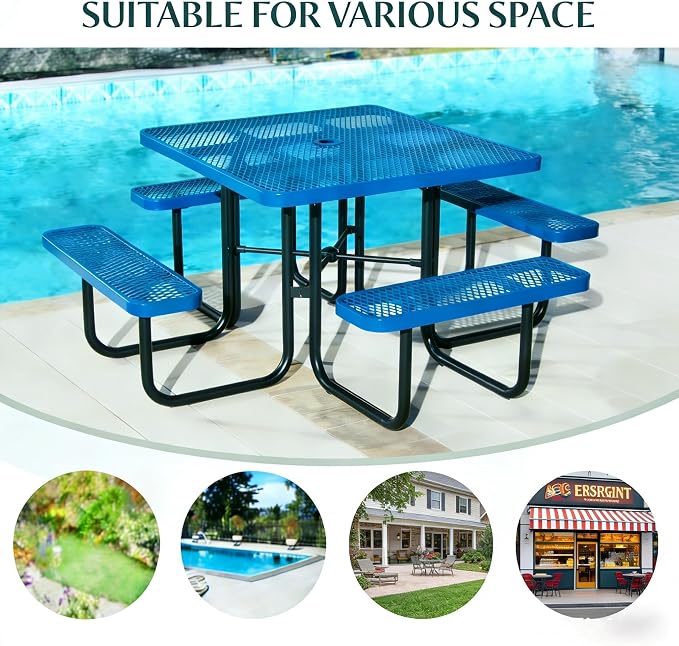 Garvee Heavy Duty Metal Picnic Tables for Outdoors with Umbrella Hole, 46" Square Top Patio Table Coated Steel Commercial Grade Furniture Set Weather & Rust Resistant (Expanded Steel, Black)