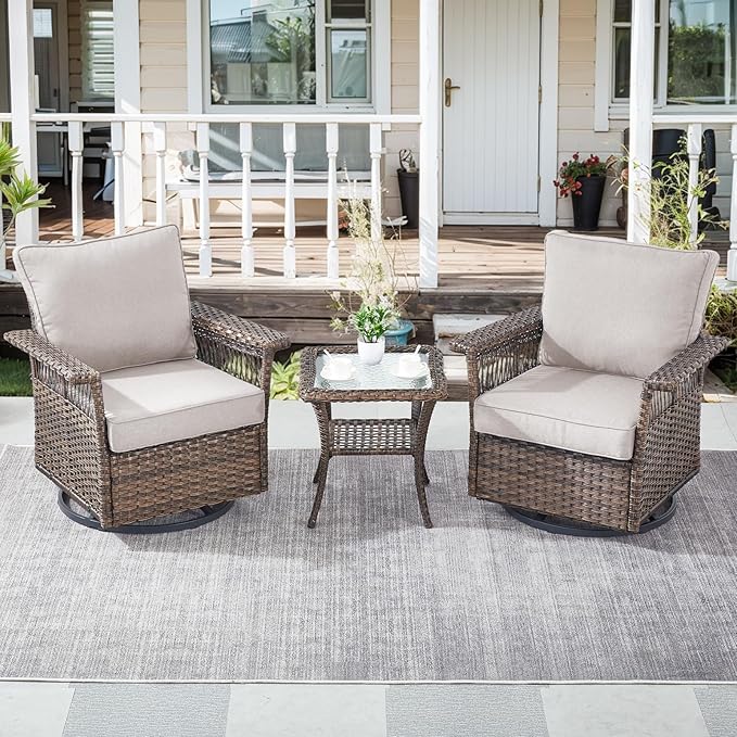 Patio Furniture Set 2 Wicker Swivel Glider Chairs with PE Rattan Side Table Set Brown Wicker Beige Cushions Patio Conversation Set 3pcs for Garden Balcony Sunroom Backyard Poolside
