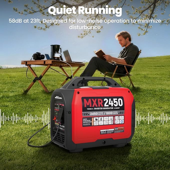 maXpeedingrods 2450 Watt Portable Inverter Generator for Camping, Home | MXR2450 Small Generator 17kg, Gas Powered, CO Sensor, RV Ready, Parallel & ECO Function Available, w/PGMA EPA UL 2201, Quiet