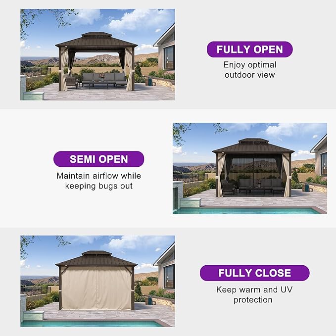 PURPLE LEAF 8’ X 10' Hardtop Gazebo Outdoor Gazebos Metal Frame Galvanized Steel Double Roof with Curtains and Nettings for Patio Desk Backyard Bronze
