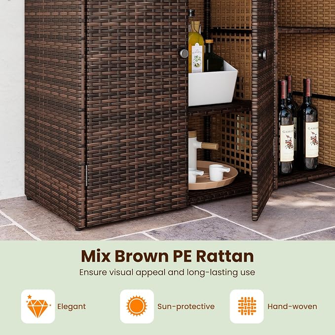 Tangkula Rattan Outdoor Storage Cabinet, Patiojoy Outdoor Cabinet with 2 Adjustable Shelves, 1 Drawer, 3 Doors, Patio Storage Deck Box Table for Patio Garden Poolside
