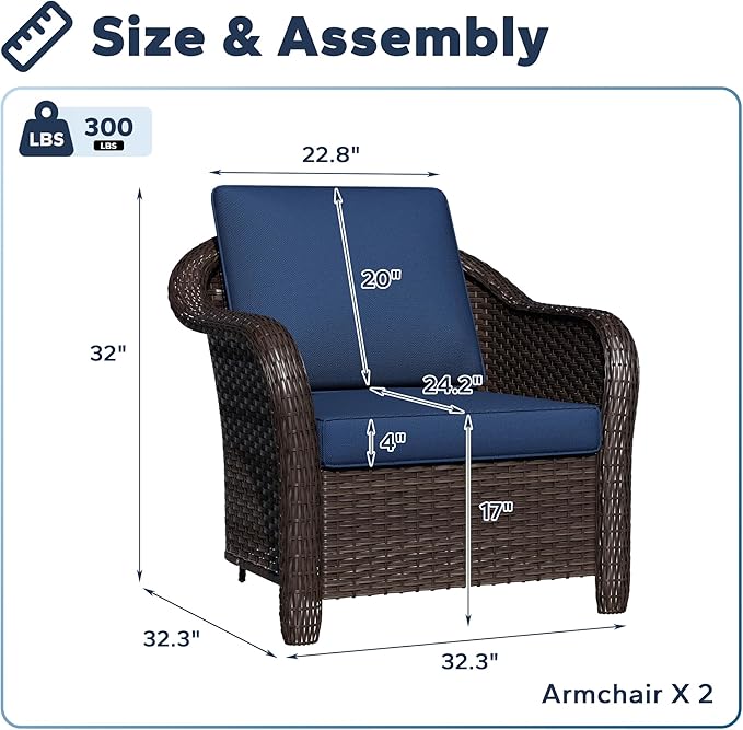 Patio PE Rattan Chairs Set of 2, All-Weather & Steel Frame Outdoor Conversation Furniture Set with Washable Cushions for Garden, Bistro, Deck, Yard (Navy Blue)