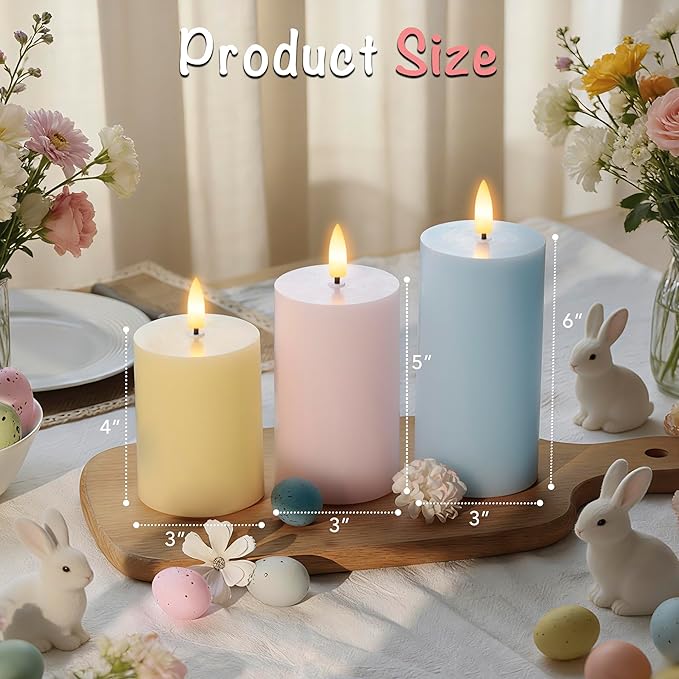 Flameless Easter Candles with Remote, Battery Operated Pastel Spring Candles for Home & Table Decor, Realistic Flickering LED Pillar Candles for Easter & Spring Decor Set of 3