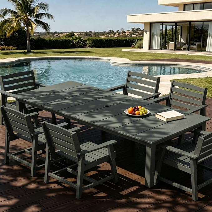 AreShark 7-Piece Outdoor Dining Set,HDPE Patio Table with 6 Armchairs,All-Weather Patio Furniture Set with Umbrella Hole,Low Maintenance Wood Grain Dining Set for Backyard,Garden,Poolside,Black