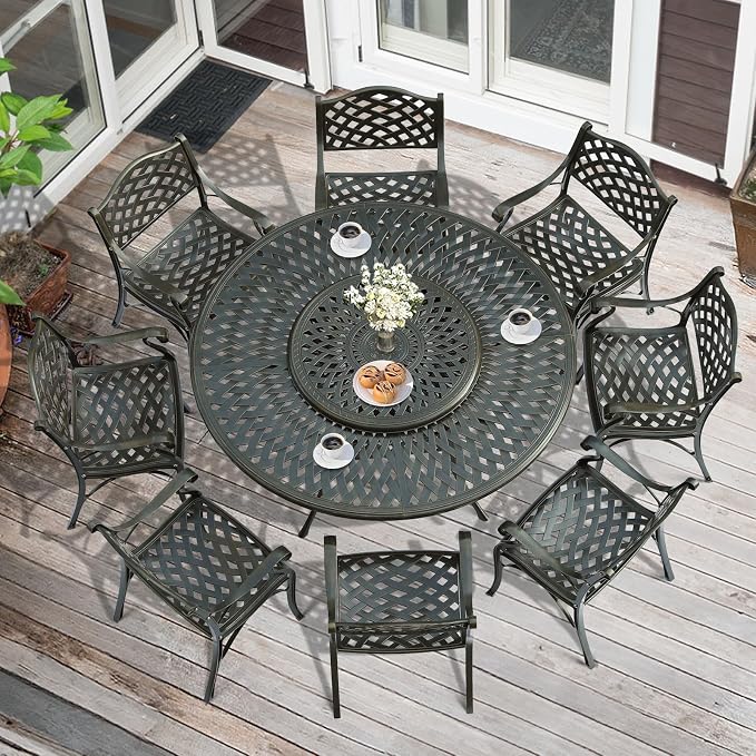 MEETWARM 9-Piece Outdoor Patio Table and Chairs Set, All Weather Cast Aluminum Patio Dining Set- 8 Chairs, 61" Round Patio Dining Table with Detachable Lazy Susan, Umbrella Hole, Dark Bronze