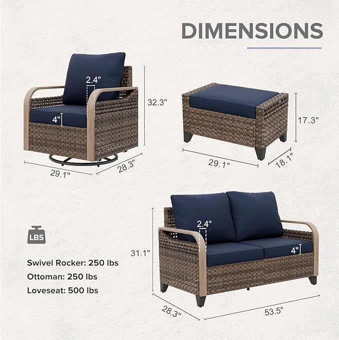 COOS BAY Modern Wicker Outdoor Furniture Set, 5 Piece Patio Conversation Set with 2 Swivel Rockers, a 3 Seat Couch and 2 Ottomans, 5 Piece, Brown/Blue