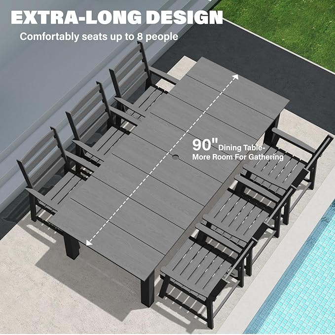 LOUNZY 9 Pieces Patio Dining Sets, 90'' Table Outdoor HDPE Furniture Set w/ 2" Hole Cut-Out Dining Table with 8 Patio Chairs for Lawn, Pool and Yard, Gray