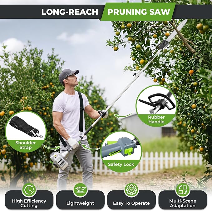 36CC Gas Powered Pole Saw, 2 Stroke Powerful Gas Pole Saw with 10" Guide Bar, 6 to 8.7FT Extendable Long Reach Saw Chainsaw with Safety Lock & Shoulder Strap for Tree Trimming Pruning
