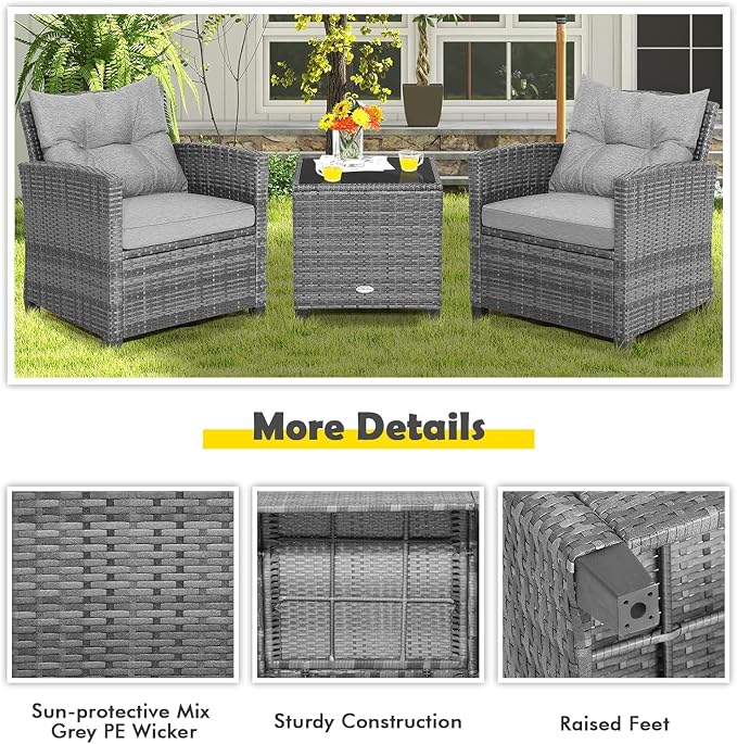 LDAILY Patio Furniture Set, 3 Pieces PE Rattan Wicker Patio Sofa Chairs with Washable Cushion & Glass Table, Outdoor Furniture Conversation Sets for Porch, Balcony, Garden, Poolside (Gray)