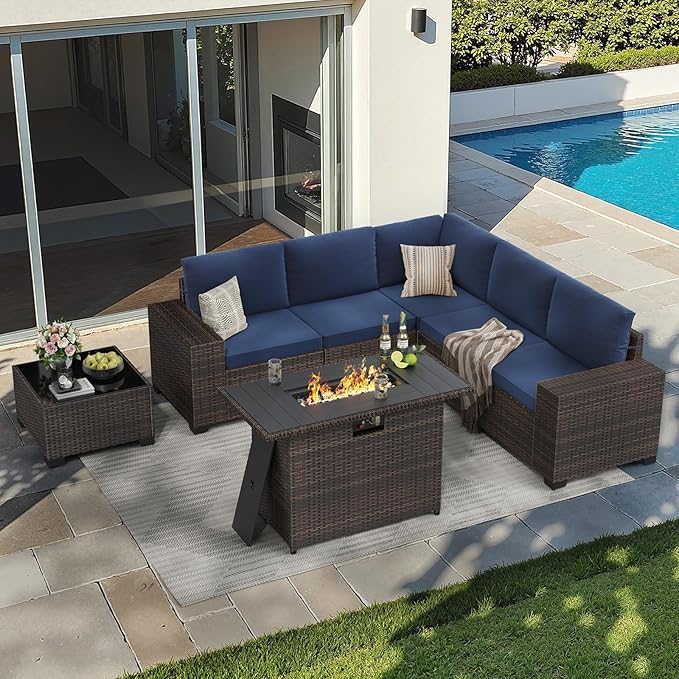 Soohow 7-Piece Patio Furniture Set with 44" Fire Pit Table, Outdoor Sectional Wicker Rattan Conversation Set for Garden, Porch, Backyard - Navy Blue Cushions