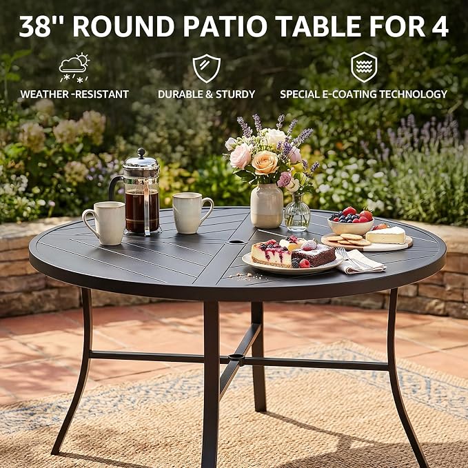 NATURAL EXPRESSIONS 5-Piece Outdoor Patio Dining Set, Black Patio Swivel Rocking Chairs and 38’’ Round Dining Table with 1.65’’ Umbrella Hole