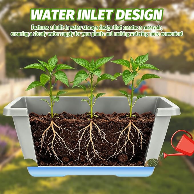 7 Pack Outdoor Planters, Plastic Rectangular Flower Pots with Saucers and Gardening Tools, 17 Inches for Indoor/Outdoor Plants, Herbs, Vegetables, Includes Trowel, Waterproof Mat & Gloves(Offwhite)