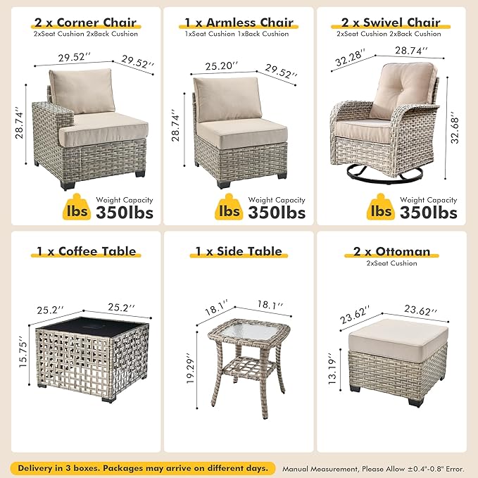 9 Pcs Outdoor Sectional Patio Furniture Set with Swivel Rocking Chair and Ottomans - All Weather Wicker Outside Sectional Couch,Patio Seating Outdoor Conversation Sets for Deck Yard Garden,Beige