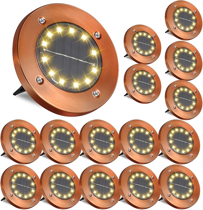 JKIMK Solar Ground Lights Outdoor Waterproof Flat Garden Solar Disk Lights Floor 12 LED 16 Pack for Garden Patio Pathway Landscape Driveway Yard Path Decor