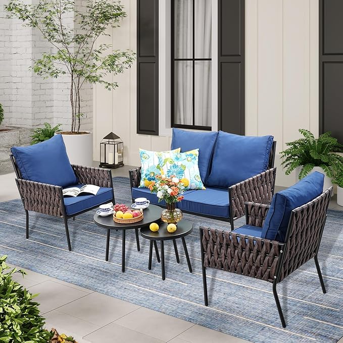 5 Pieces Patio Furniture Set,Outdoor Conversation Set with 2 Round Side Tables,Modern Metal Outdoor Couch with Waterproof Cushions for Backyard,Porch,Navy
