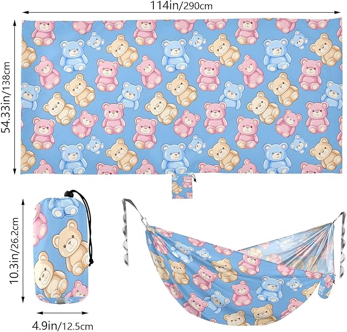 Camping Hammock Outdoor Hammocks for Outside Bear Blue Pink Yellow Beach Trees Portable Lightweight with Pockets Tree Straps Indoor