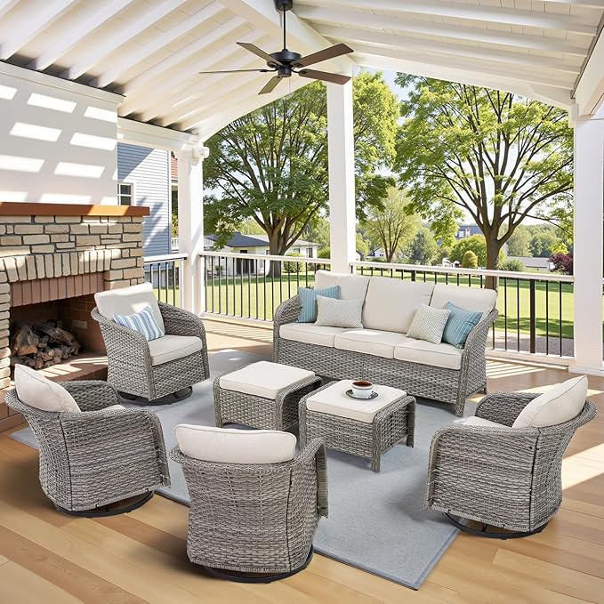 Belord 7 Pieces Patio Furniture Sets - High Back Outdoor Sectional Couch with Wicker Swivel Rocker Chairs, Rattan Ottomans with Side Table for Deck Garden Porch Balcony Grey/Beige