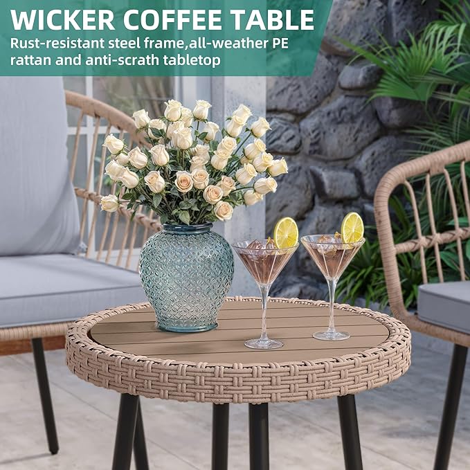 YITAHOME 3 Pieces Outdoor Bistro Set, All-Weather Wicker Patio Furniture Set, Rattan Conversation Set with Table and Chair for Balcony, Backyard, Pool, Porch, Deck - Grey