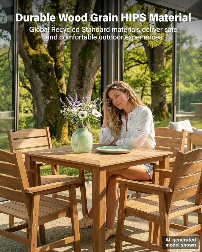 YEFU HIPS Patio Dining Sets: 8-Piece All-Weather Outdoor Table and Chairs with Aluminum Frame & Wood Grain Tabletop - Low-Maintenance Patio Dining Set for 6 Modern Furniture for Family with Deck Teak