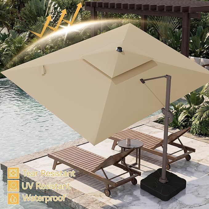 HASLE OUTFITTERS 10x13 FT Patio Cantilever Umbrella, Outdoor Large Offset Rectangular Double Top Heavy Duty Umbrellas with 360° Rotation for Pool Garden Deck，Beige