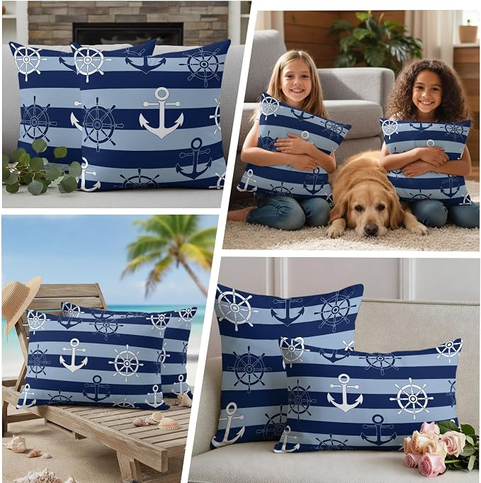Nautical Ship Anchors Waterproof Outdoor Pillow Covers Set of 2 Home Decor, Navy Blue Horizontal Stripes Pillowcase Patio Pillow Covers for Couch Bench Patio Furniture Garden 18x18in