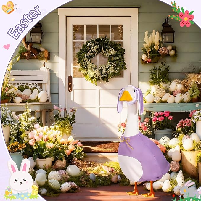 FuWeave Easter Bunny Goose Outfit for 23" Goose Costume for Cement Plastic Porch Geese Statue Spring Outdoor Garden Yard Patio Decoration, Purple