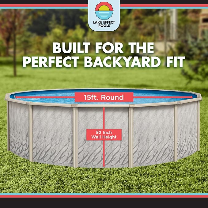 Lake Effect Pools 'Meadows Reprieve' 15 ft Round Above Ground Swimming Pool Bundle | 52 Inch Height | Steel Sided Walls | Kit Includes: 25 Gauge Liner, A-Frame Ladder, Sand Filter/Pump, & Skimmer