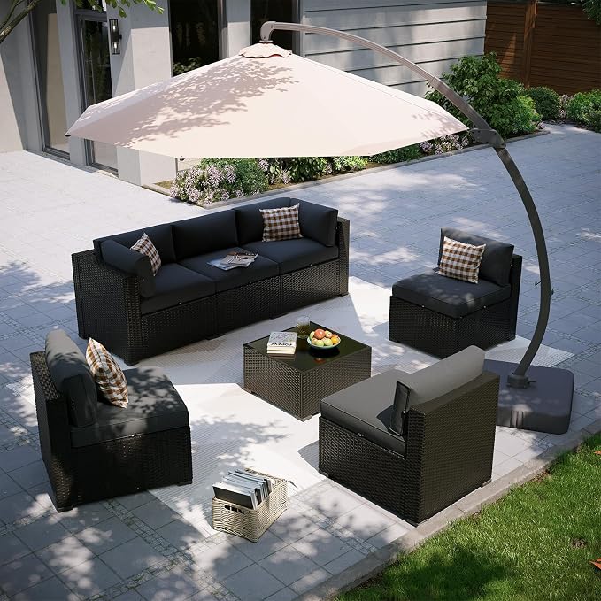 Aoxun Patio Furniture Set with Umbrella, 8 Piece Outdoor Sectional Sofas, Wicker Rattan Outdoor Furniture with Thickened Cushion for Backyard, Garden Dark Grey