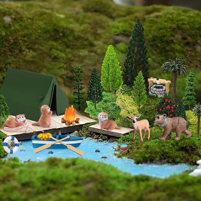Miniature Garden Accessories, 32 Pcs, Model Scenery Kit, Forest Animal Figures with Model Trees Craft Grass for DIY Crafts, Micro Landscape Decoration