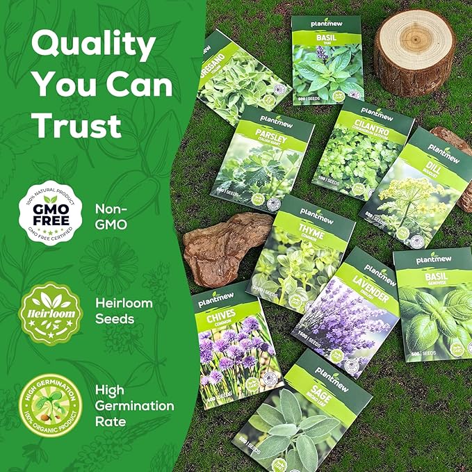10 Herb Seeds Variety Pack - 7,000+ Heirloom Seeds - Basil, Cilantro, Lavender, Parsley, Dill, Thyme, Chives, Oregano, Sage, Herb Garden Kit for Planting Home Garden, Gardening Gift