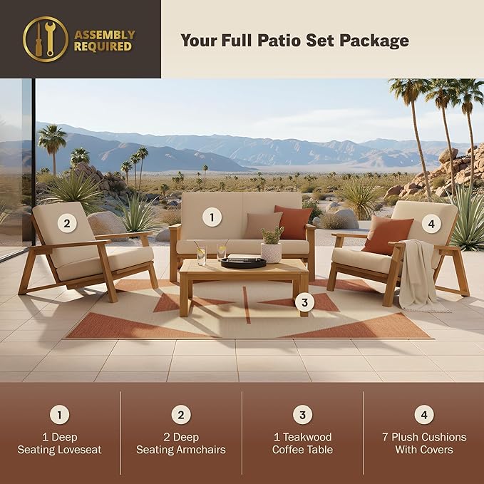 Kinger Home Ezra 4-Piece Deep Seating Teak Wood Patio Furniture Set, Cushioned Loveseat, Armchairs and Coffee Table