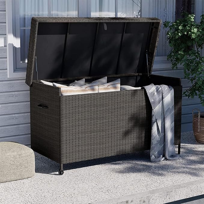 Grand patio 170 Gallon Deck Storage Box Deck Box Outdoor Storage Box Indoor Wicker Storage Bin Patio Storage Box for Patio Furniture Cushions Garden Tools Pool Accessories, Light Brown