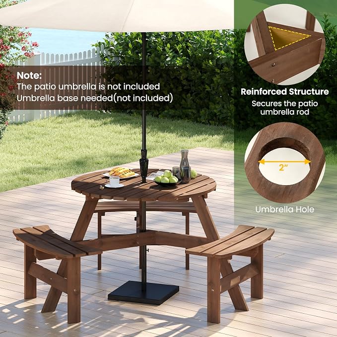 Tangkula 6-Person Wood Picnic Table, Outdoor Round Table and Bench Set with 3 Built-in Benches, Umbrella Hole, Perfect for Outside, Patio, Garden, Backyard, Porch (6-Person,Brown)